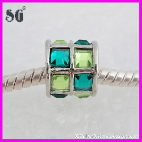 Pretty rhodium-plated barrel charm with spring green/blue zircon crystals_Solid 925 beads for european bracelets